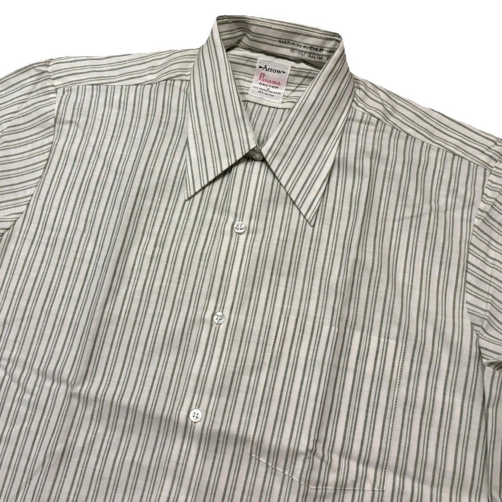 Vtg 60s Arrow Sanforized Button Up Short Sleeve Shirt Men 16.5 Green Stripe USA